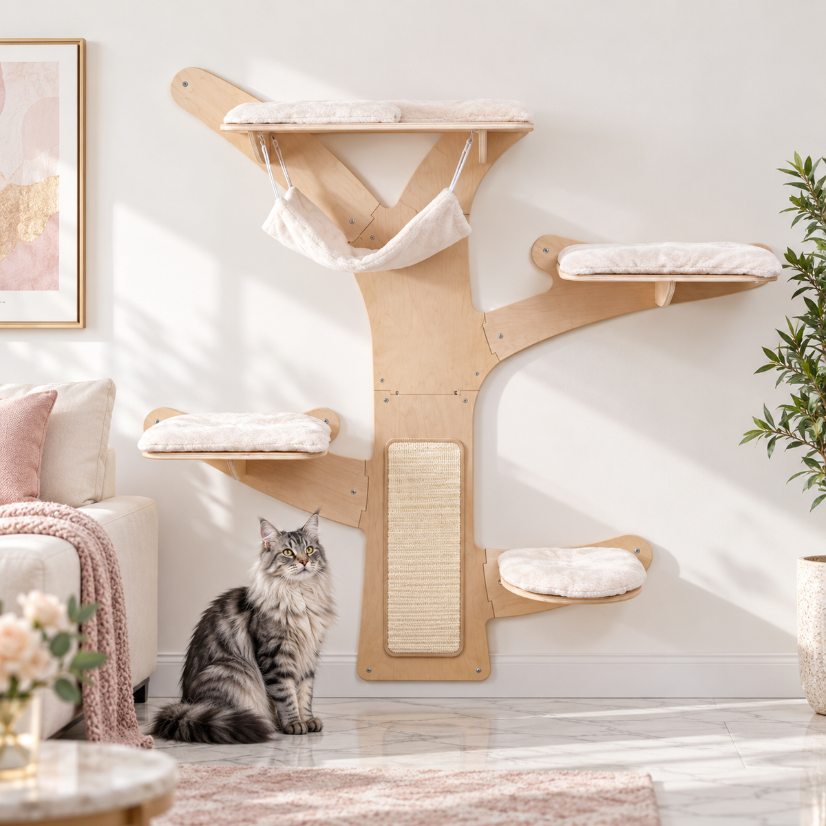 71-Inch Wall Cat Tower with Hammock & Platforms beside a silver Maine Coon