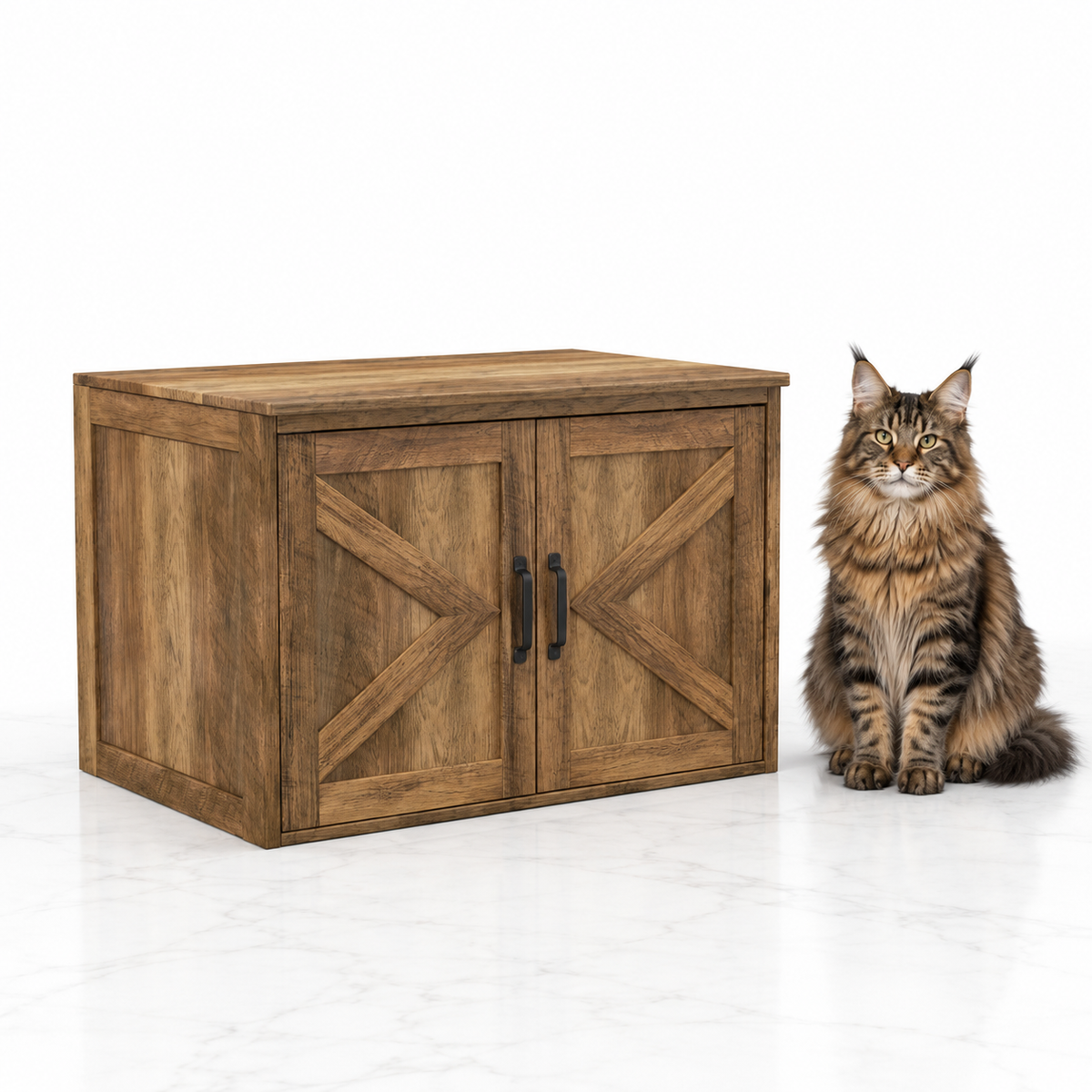 Flip Top Cat Litter Cabinet with Double Barn Doors, Oak — maine coon brown