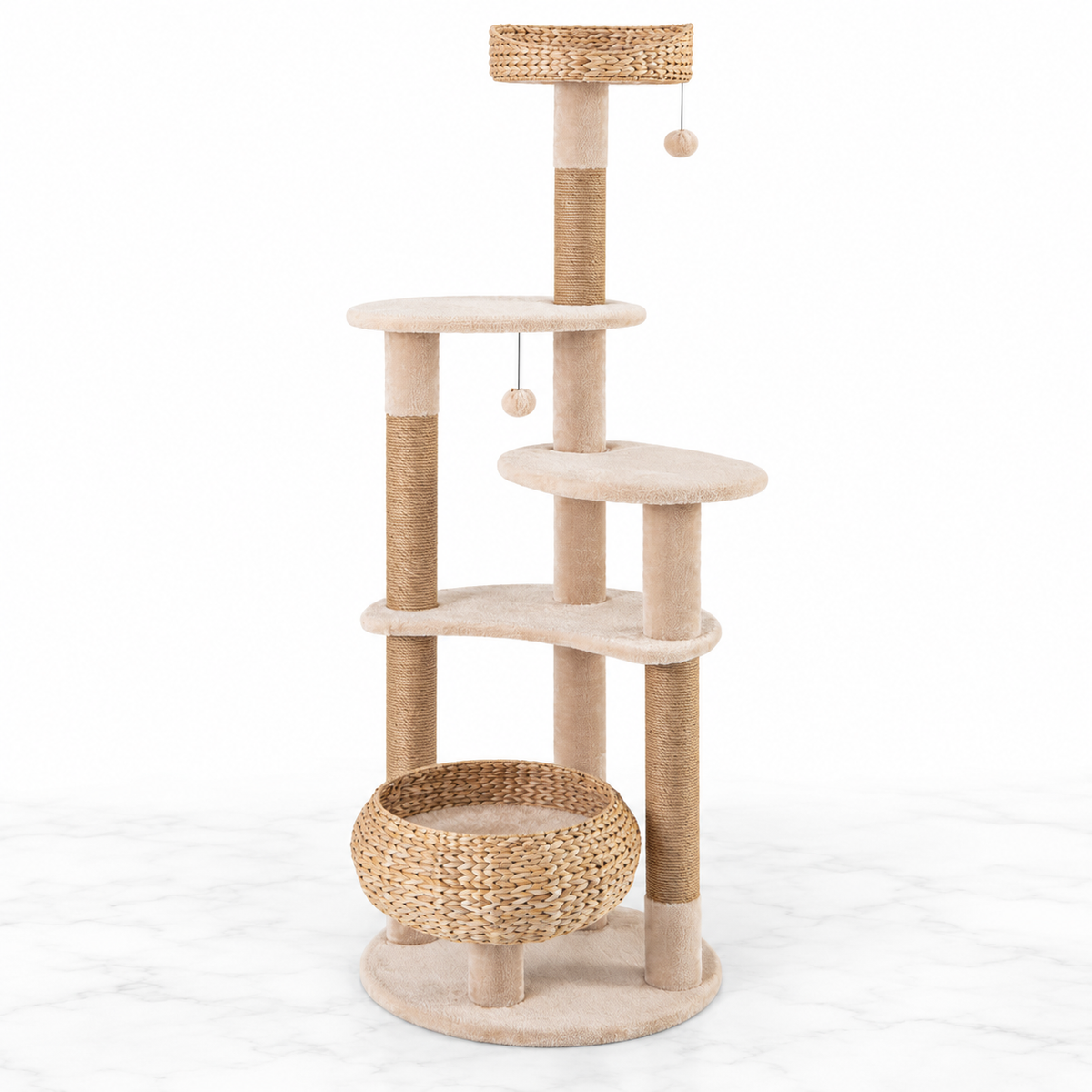 65-inch Multi-Level Cat Tree with Woven Baskets, Beige — hero marble