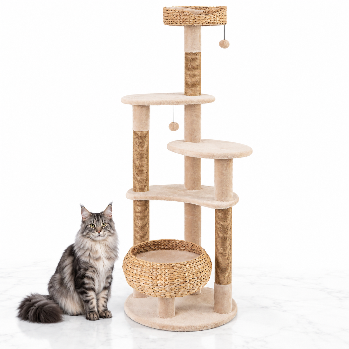 65-inch Multi-Level Cat Tree with Woven Baskets, Beige — maine coon silver