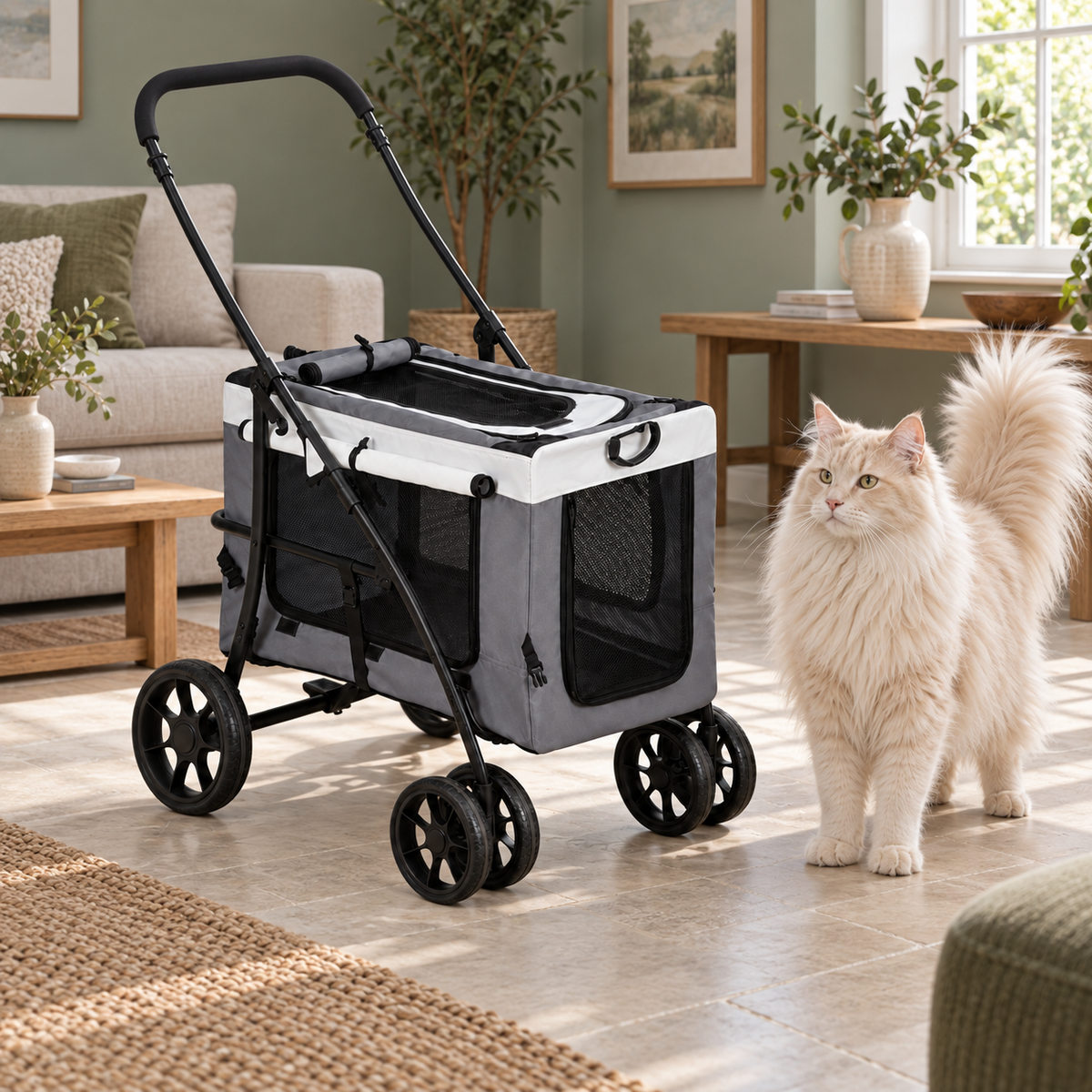 Grey folding pet stroller beside a full-sized cream Norwegian Forest Cat in a sitting room