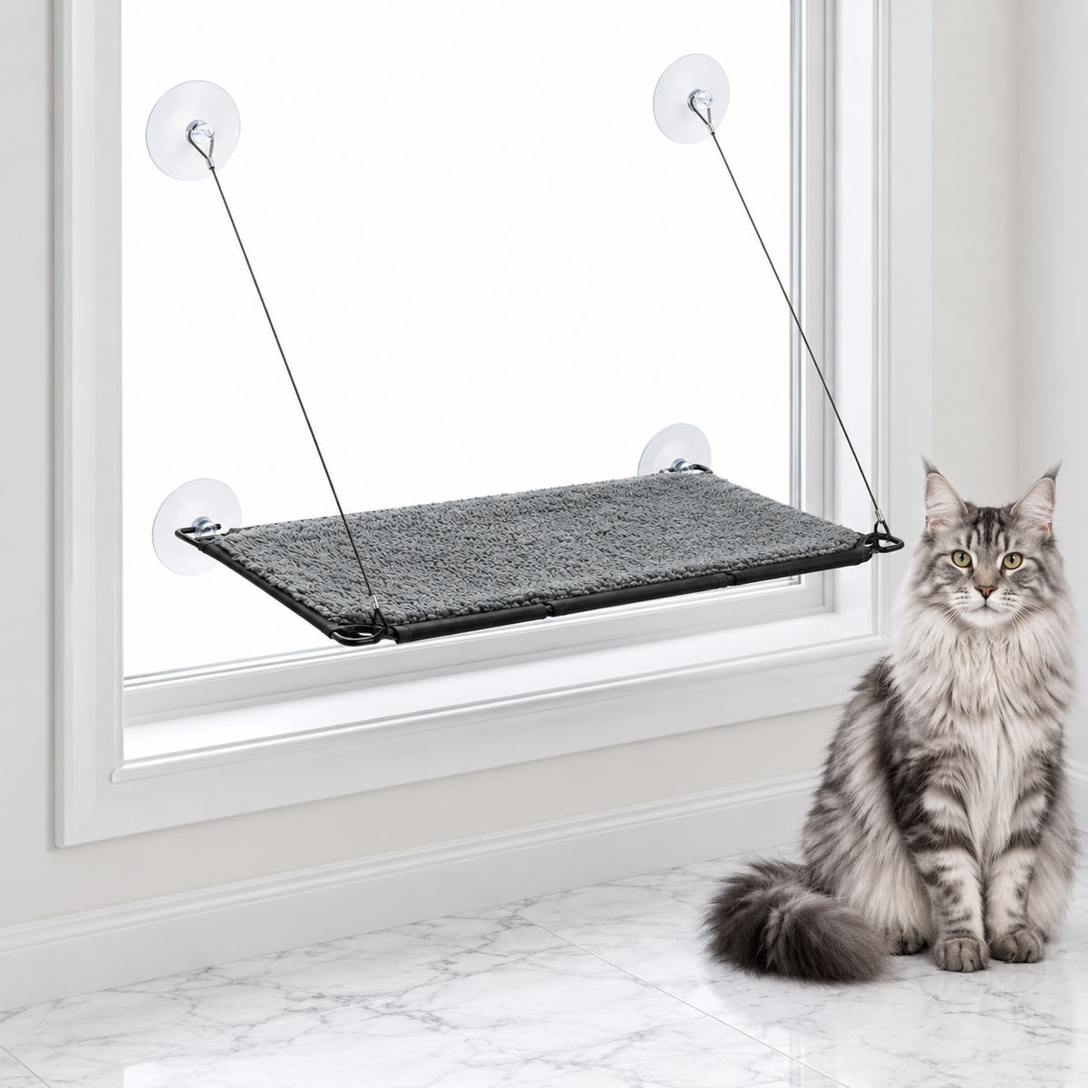 Self-Warming Window Lounger Cat Perch — maine coon silver