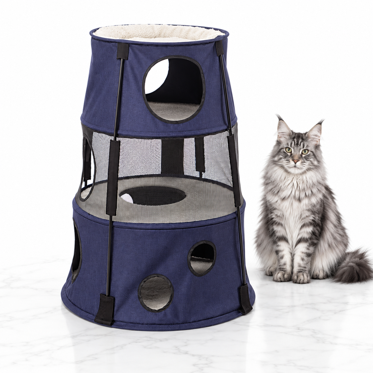 Kitty Tower, Three Story, Dark Denim — maine coon silver