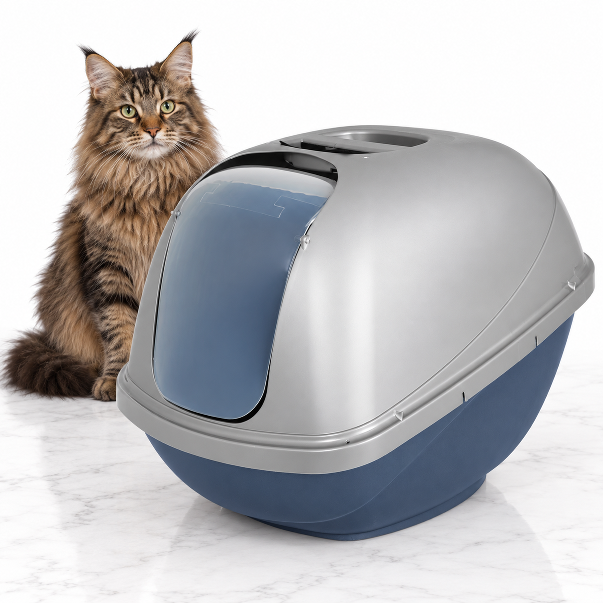 Petmate Basic Hooded Litter Pan, Blue Steel Base/Pearl Silver Hood, Jumbo — maine coon brown