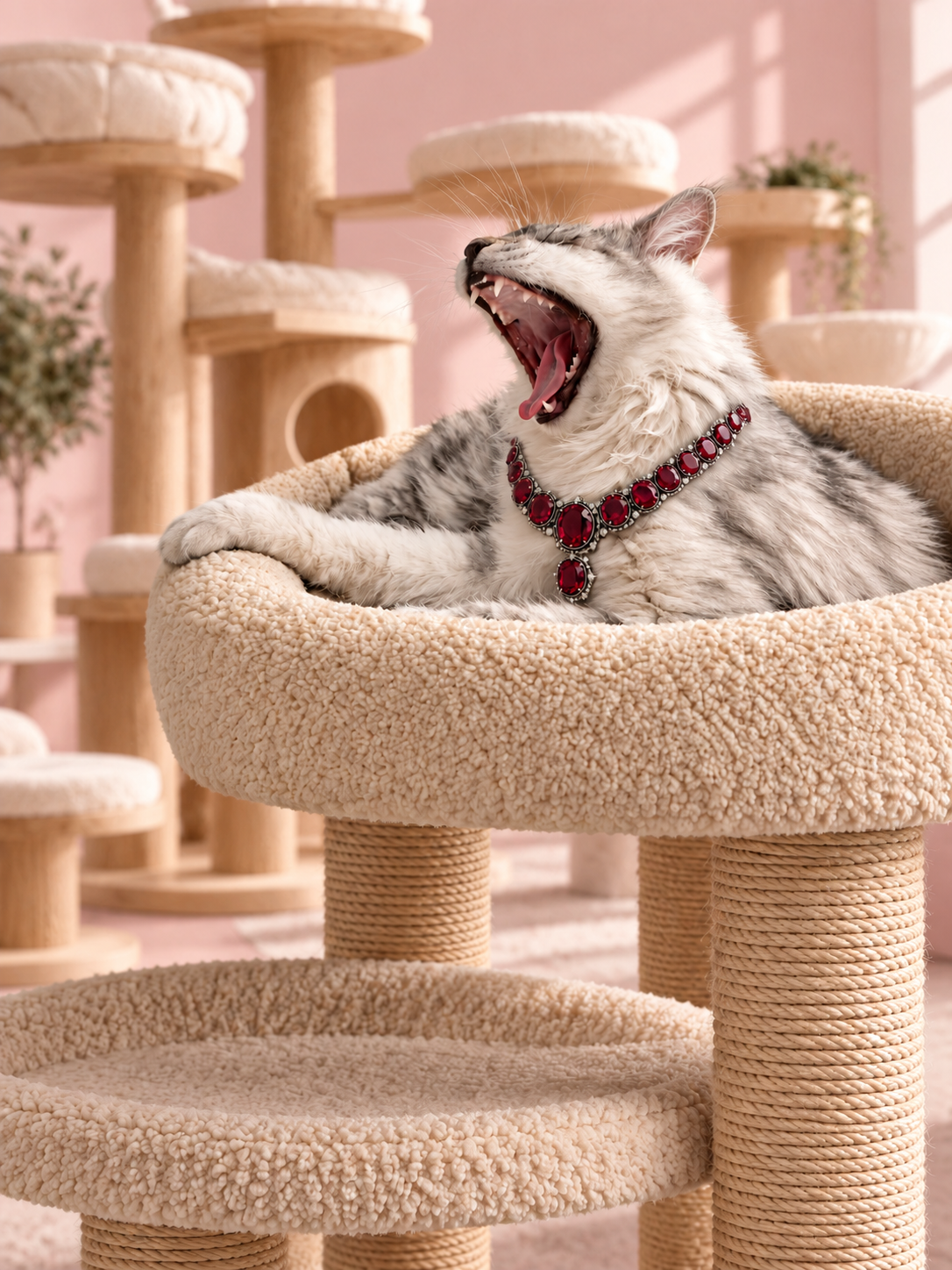Silver Maine Coon wearing a red gemstone collar on a cream plush perch, with luxurious wooden cat trees in a light pink room