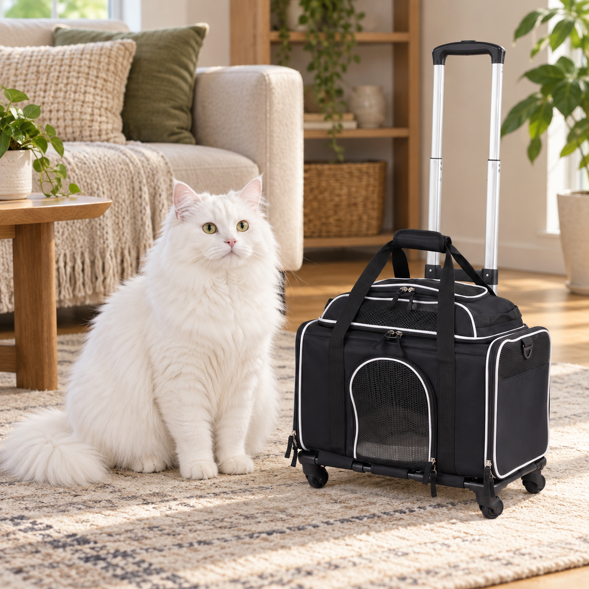 Compact black rolling pet carrier beside a full-sized solid white Siberian cat in a sitting room