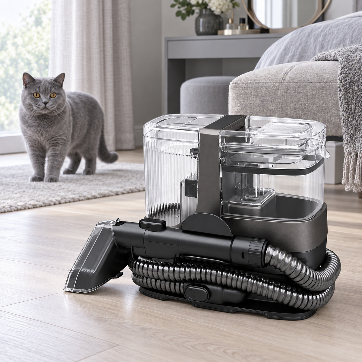 Portable carpet spot cleaner in a bedroom with a blue British Shorthair safely in the background