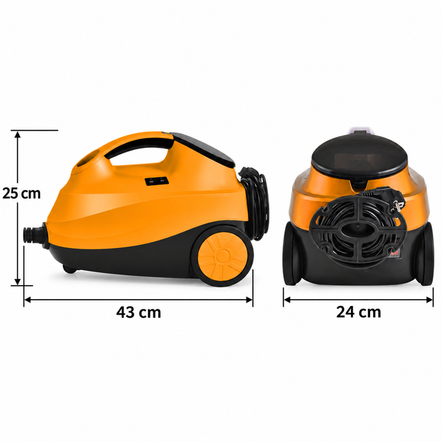 Orange steam cleaner body dimensions 43 by 24 by 25 centimetres with aligned arrows