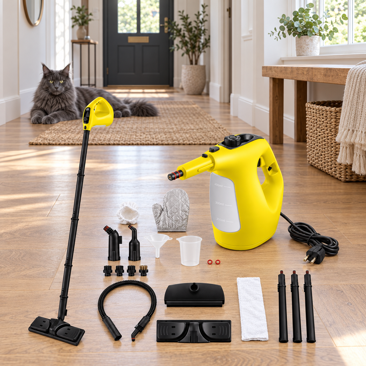Cool unplugged 400ml handheld steam cleaner in a hallway with a blue Maine Coon at a safe distance
