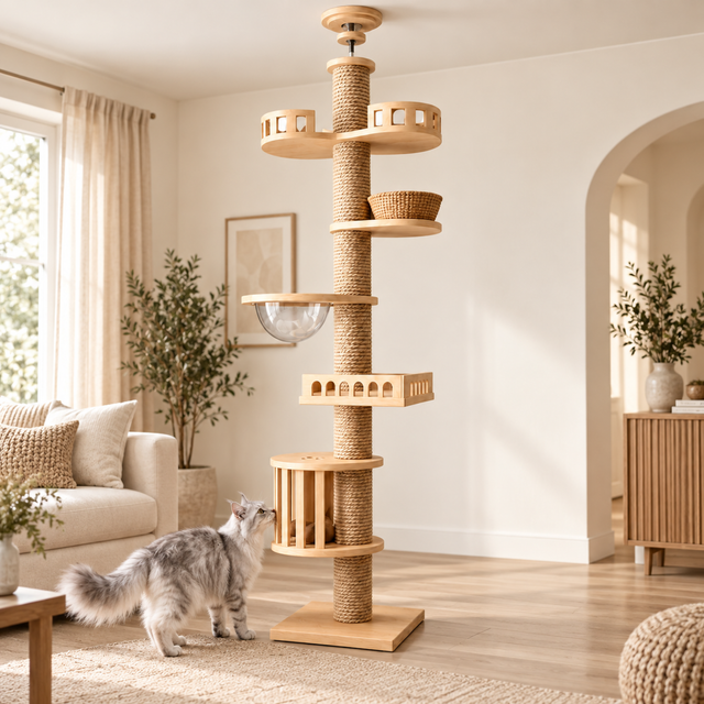 Silver and white Maine Coon exploring the lower enclosure in a cream living room