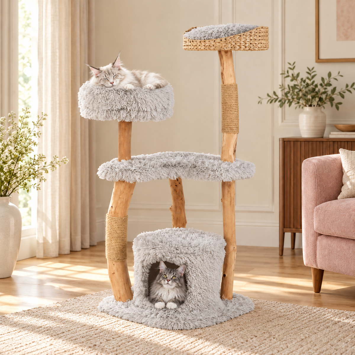 Cat Tree 124cm | Wooden Tower with Condo – The Ashwood Nest with Maine Coons comfortably resting, living room