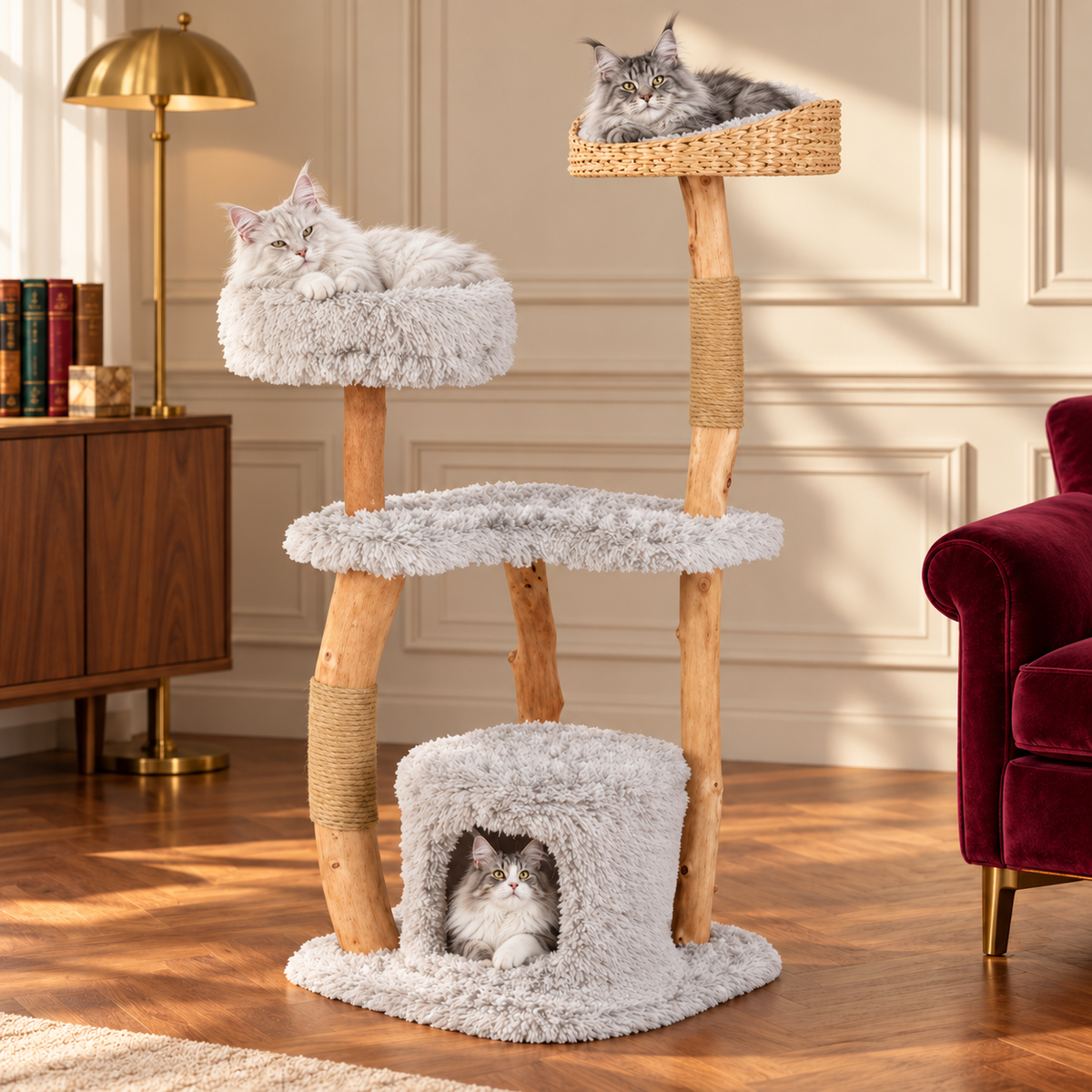 Cat Tree 124cm | Wooden Tower with Condo – The Ashwood Nest with Maine Coons comfortably resting, reading room