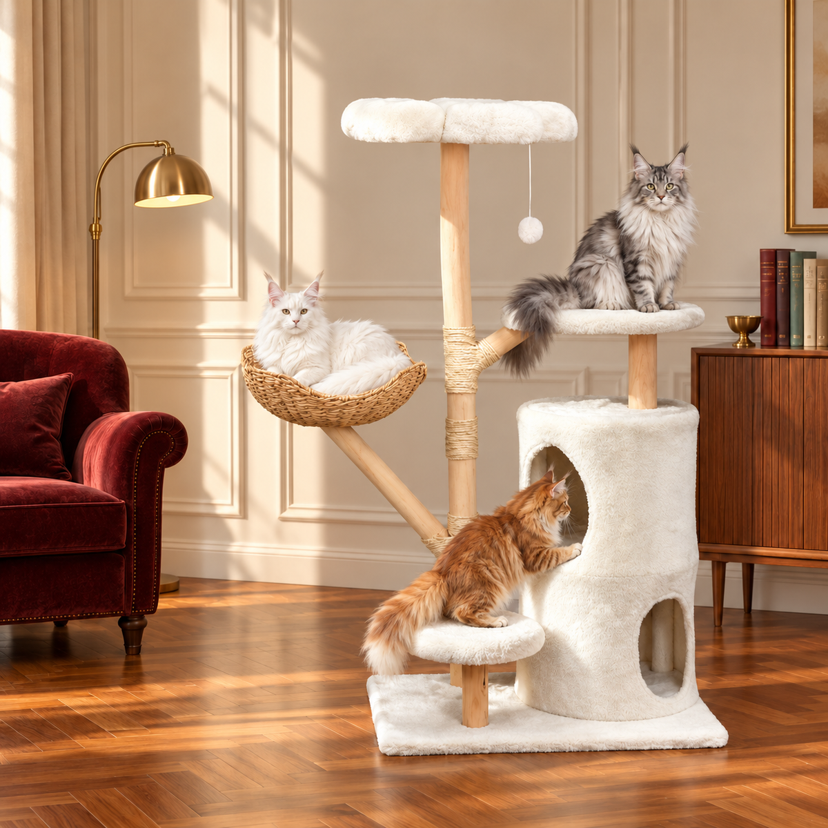 Cat Tree 142cm | Natural Wood Tower – The Blossom Residence with Maine Coons — lifestyle illustration