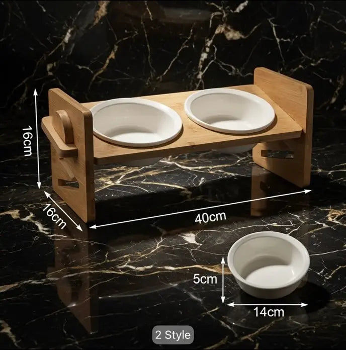 Kitty Buffet feeding stand holding two removable white ceramic bowls.