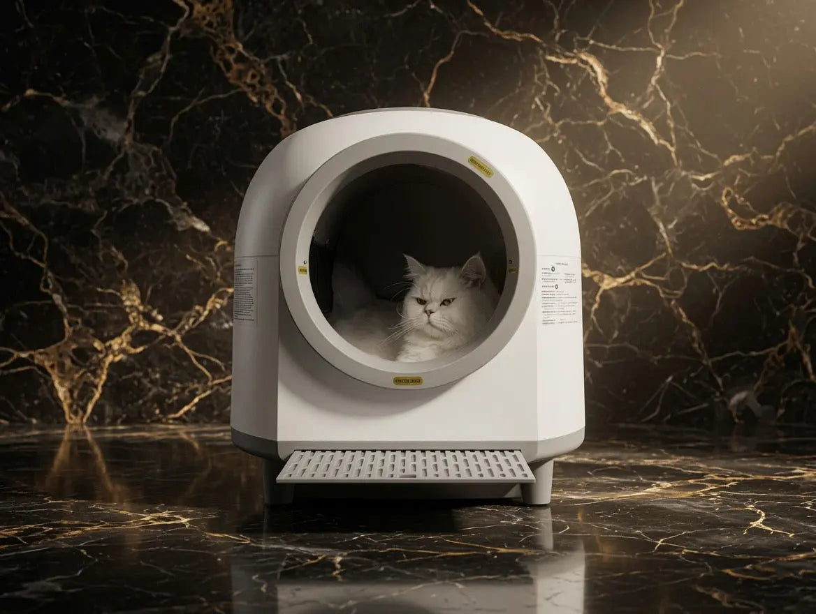 The Bothy self-cleaning litter tray shown from the front with its circular entrance and slatted step.