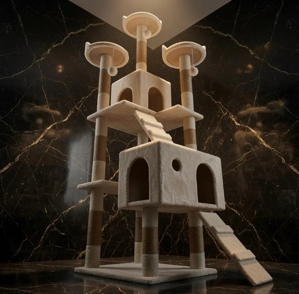 The Cream Estate cat tower shown with multiple platforms and sheltered sections.
