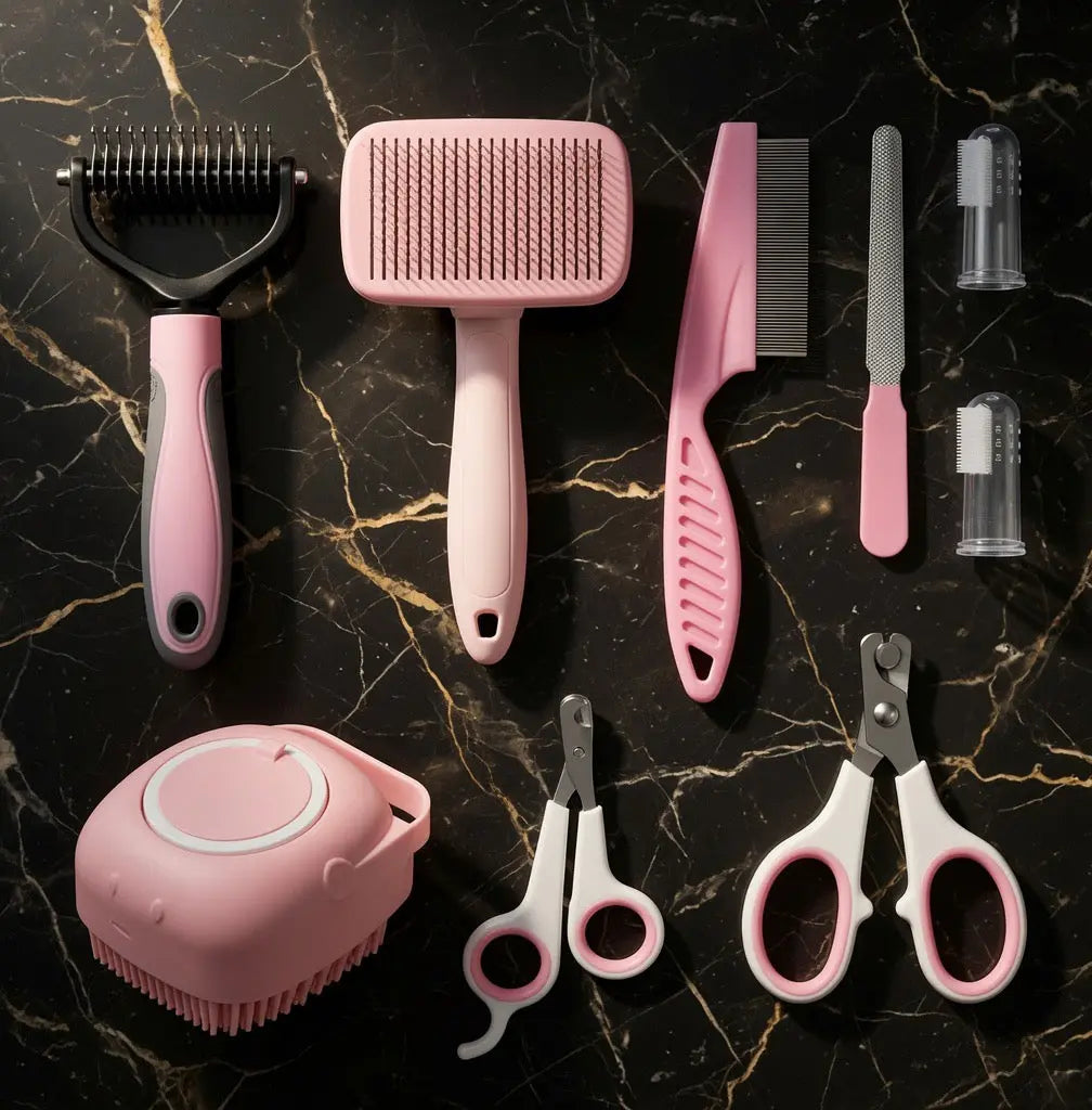 The Cashmere Comb nine-piece cat grooming set in blush pink