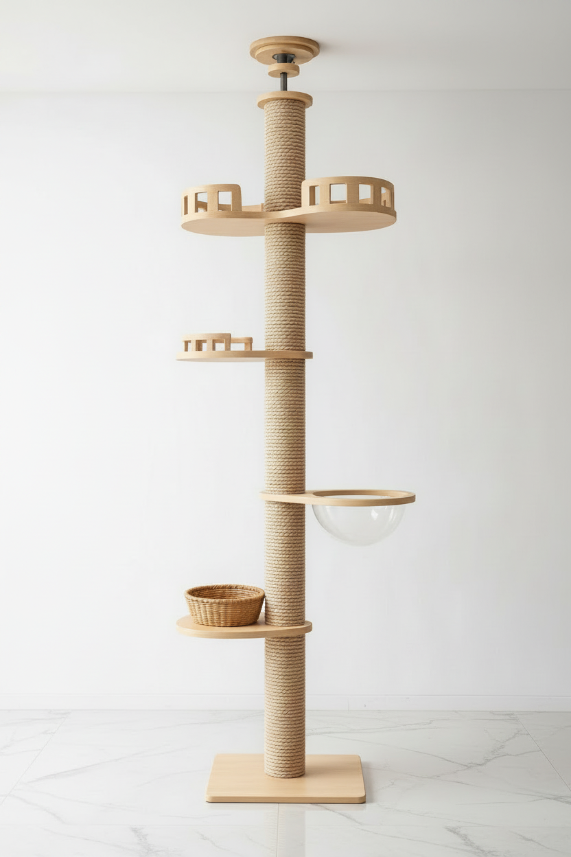 Feline Sovereign Spire ivory floor-to-ceiling cat tower with tiered platforms