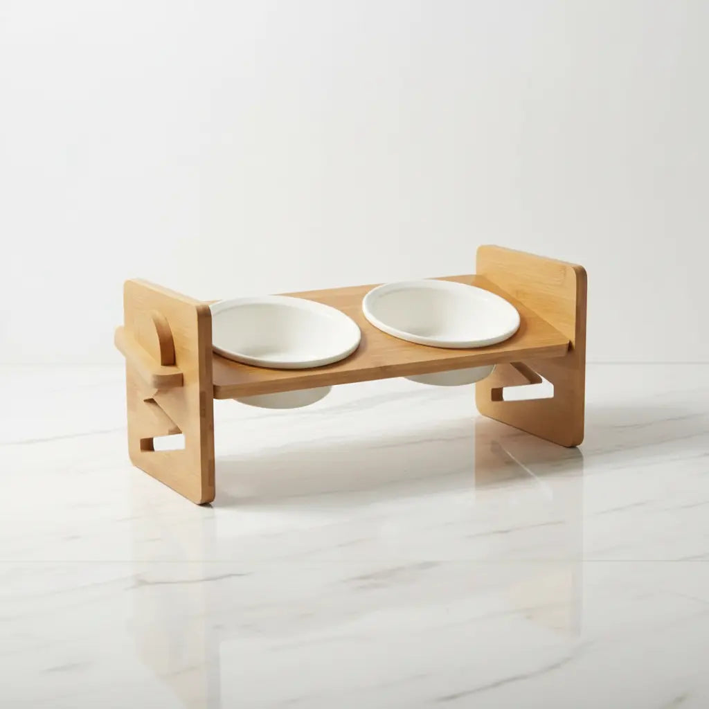 Giant Paws Kitty Buffet raised feeding station with two ceramic bowls.