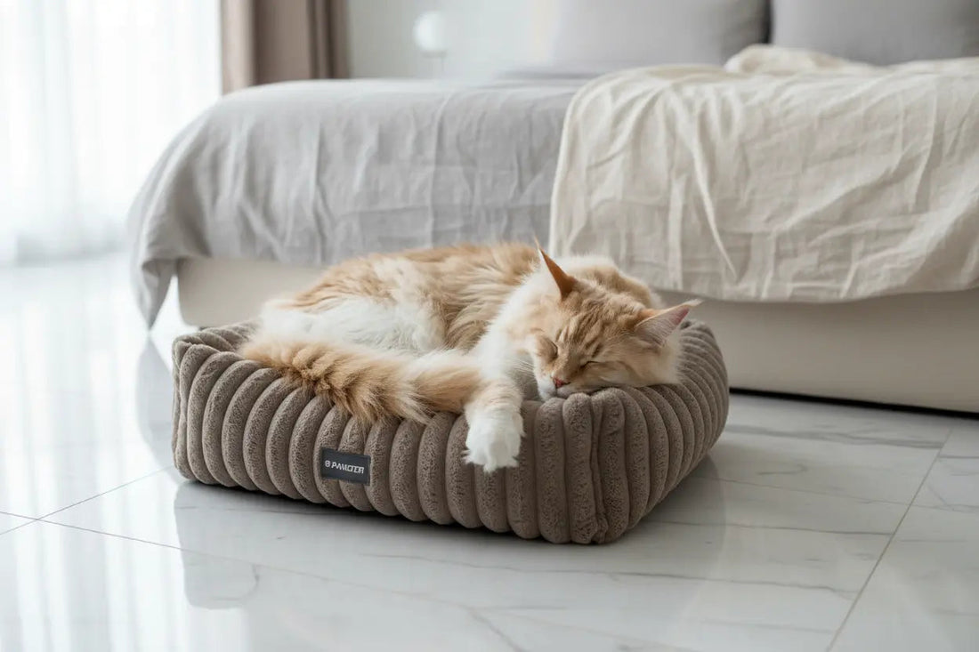 The Velvet Nest rectangular cat bed with ribbed plush fabric and raised sides