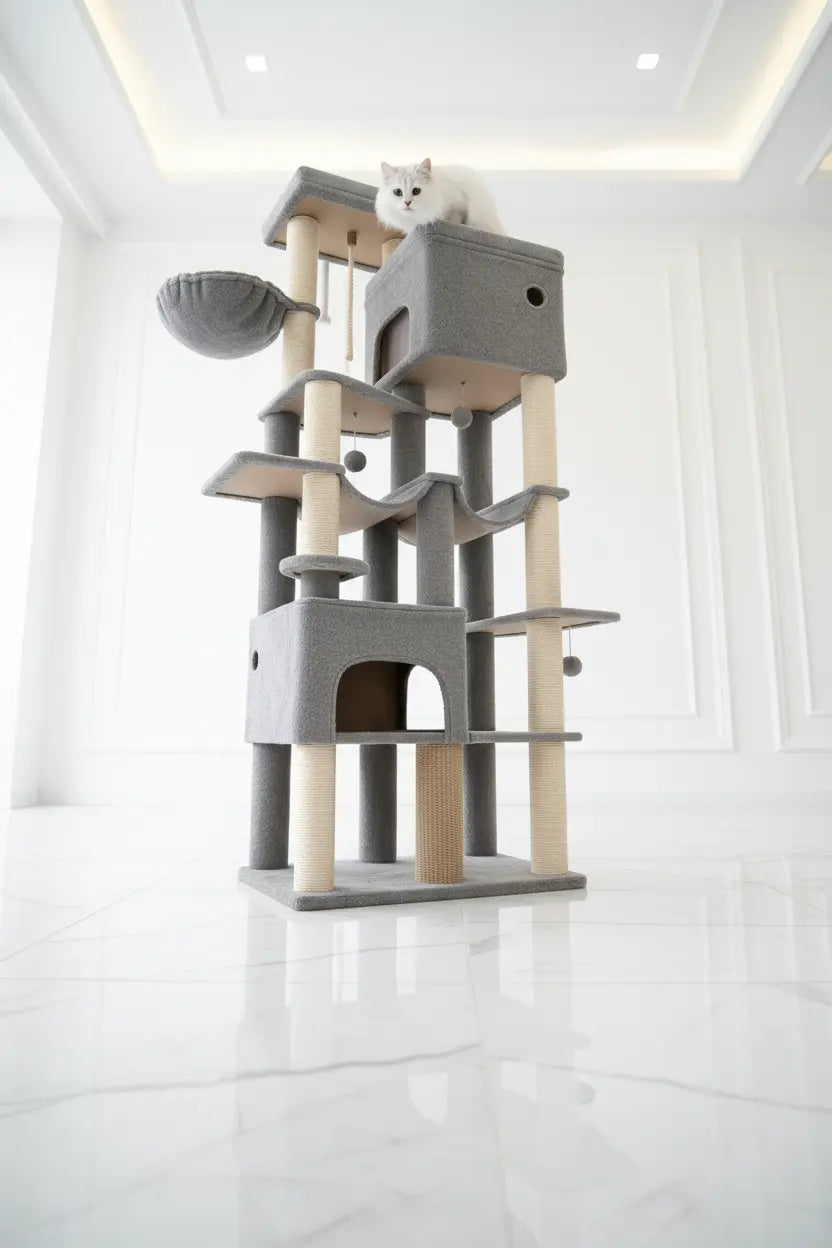 The Taj-MeowHall cat tower with two enclosed resting condos at different levels.