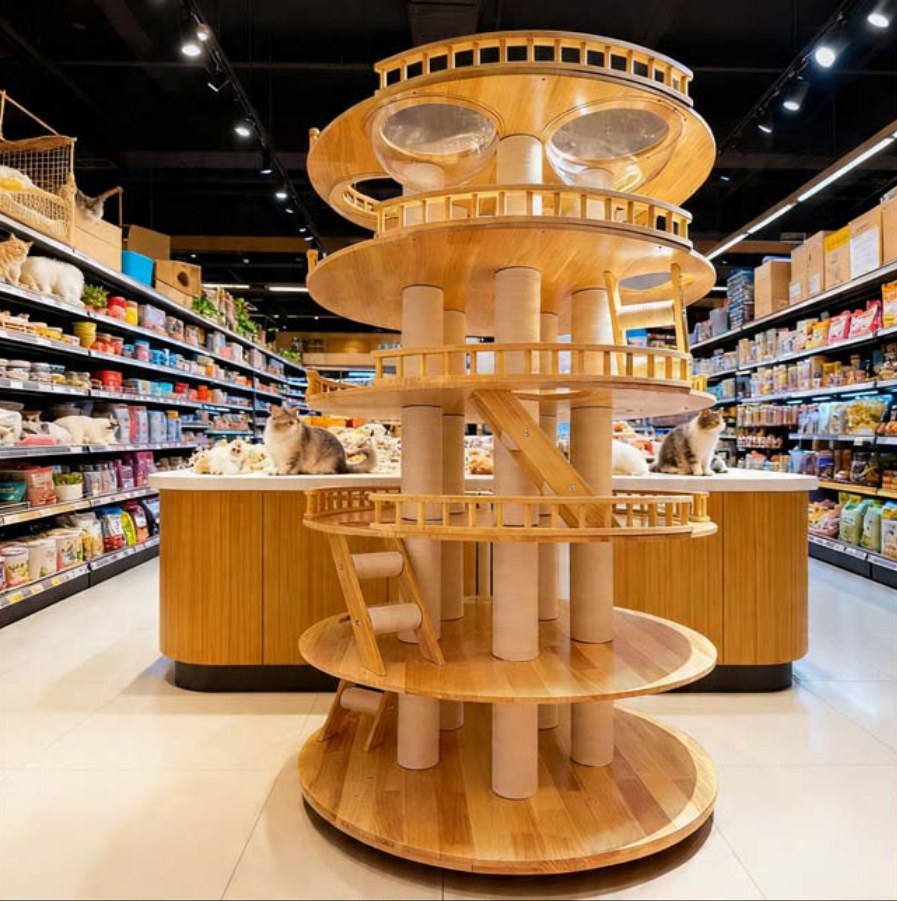 Circular Collection design reference with round wooden tiers and transparent bowl-shaped resting features beneath the upper level.