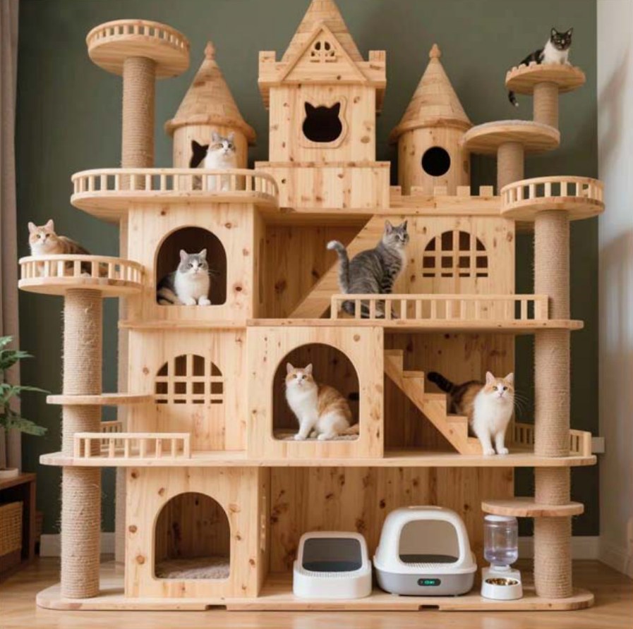 Large castle-style cat furniture example with several levels and enclosed resting spaces.