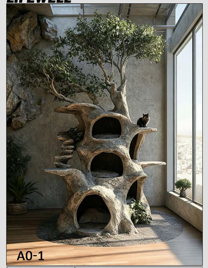 Ancient Oak tree-inspired bespoke design reference with a tall sculpted structure and multiple resting areas.