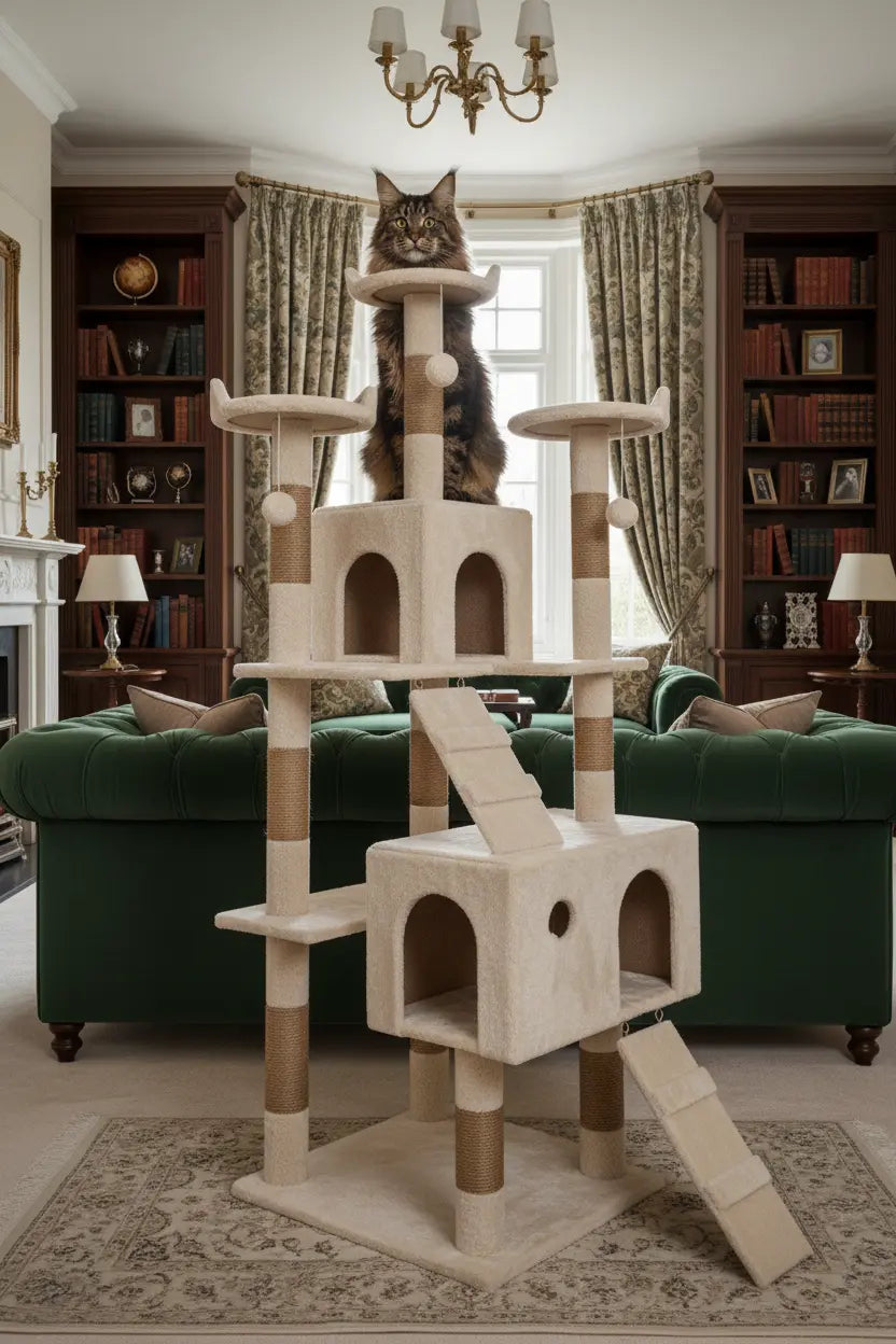 The Cream Estate multi-level cream cat tower shown in a furnished room