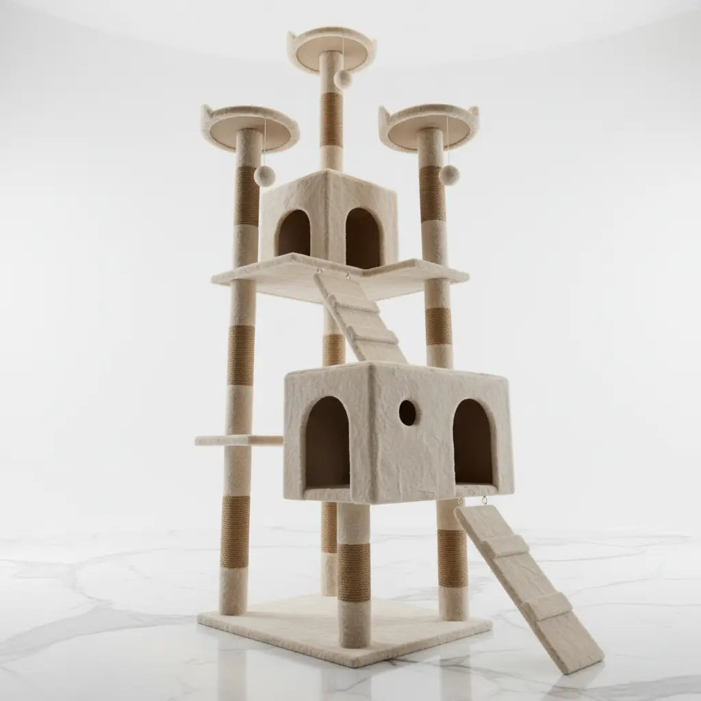 Cream Estate large-cat tower with a ground-level ramp and an angled mid-level ramp