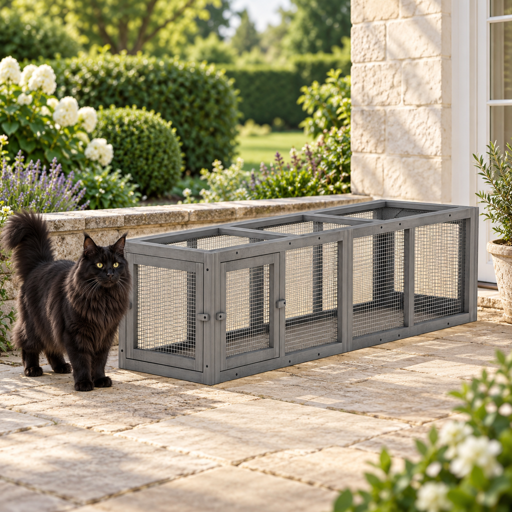 Black Maine Coon beside the 150cm grey outdoor cat tunnel