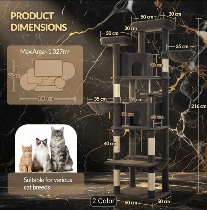 The Ultimate PawHouse 216cm charcoal cat tower with two condos, hammock and sisal posts