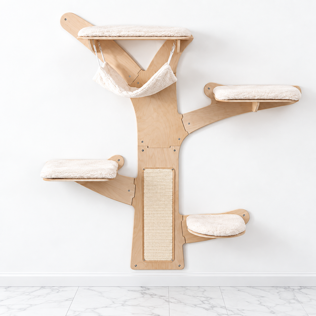 71-Inch Wall Cat Tower with Hammock & Platforms on white marble