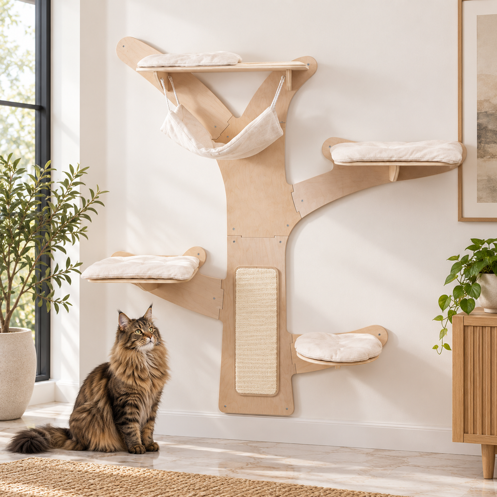 71-Inch Wall Cat Tower with Hammock & Platforms beside a brown Maine Coon