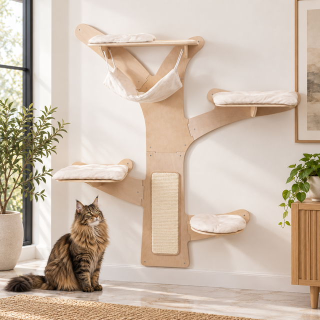 71-Inch Wall Cat Tower with Hammock & Platforms beside a brown Maine Coon