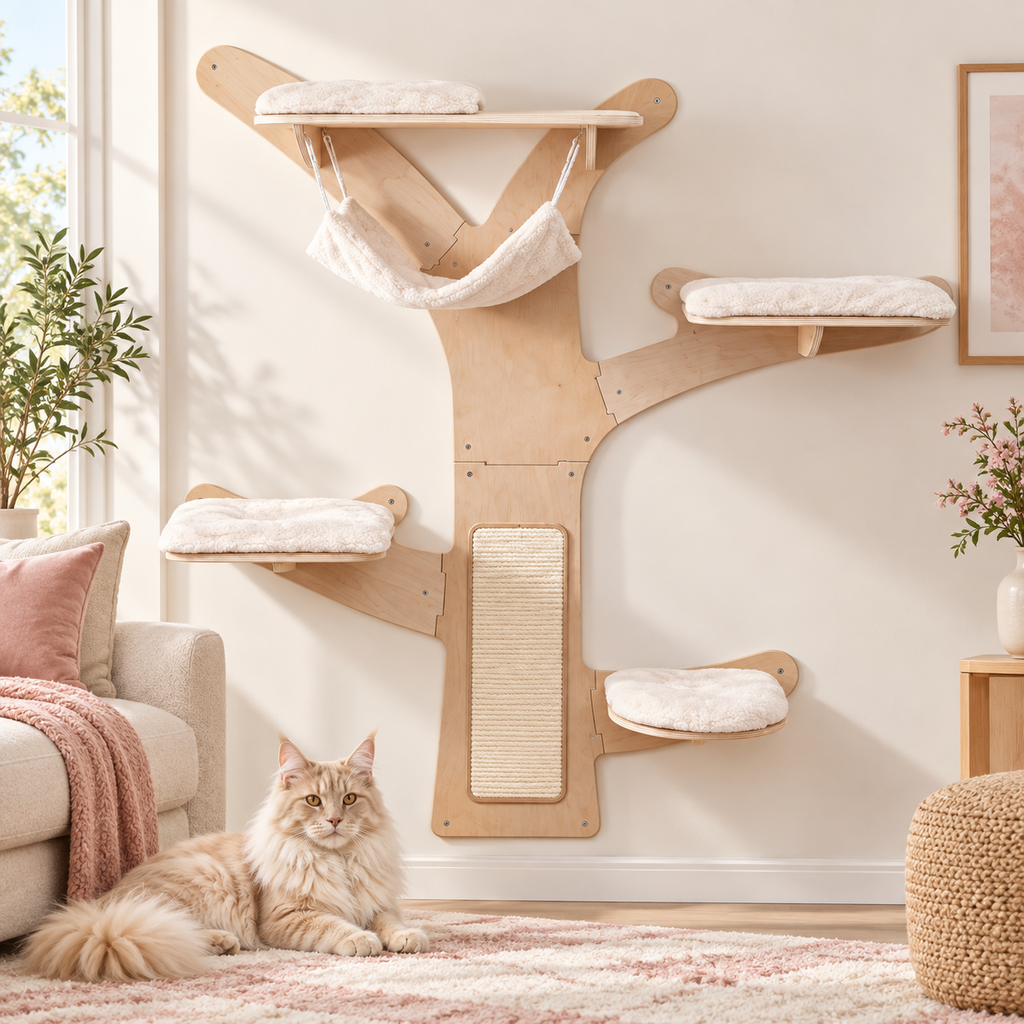 71-Inch Wall Cat Tower with Hammock & Platforms beside a cream Maine Coon