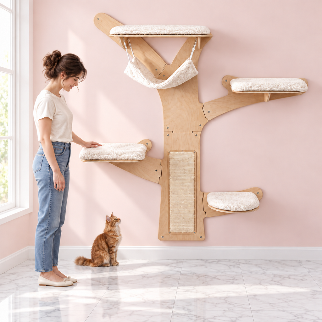 Wall-Mounted Cat Tree 71 Inches | Hammock – The Woodland Ascent with a ginger Maine Coon in a pale pink room