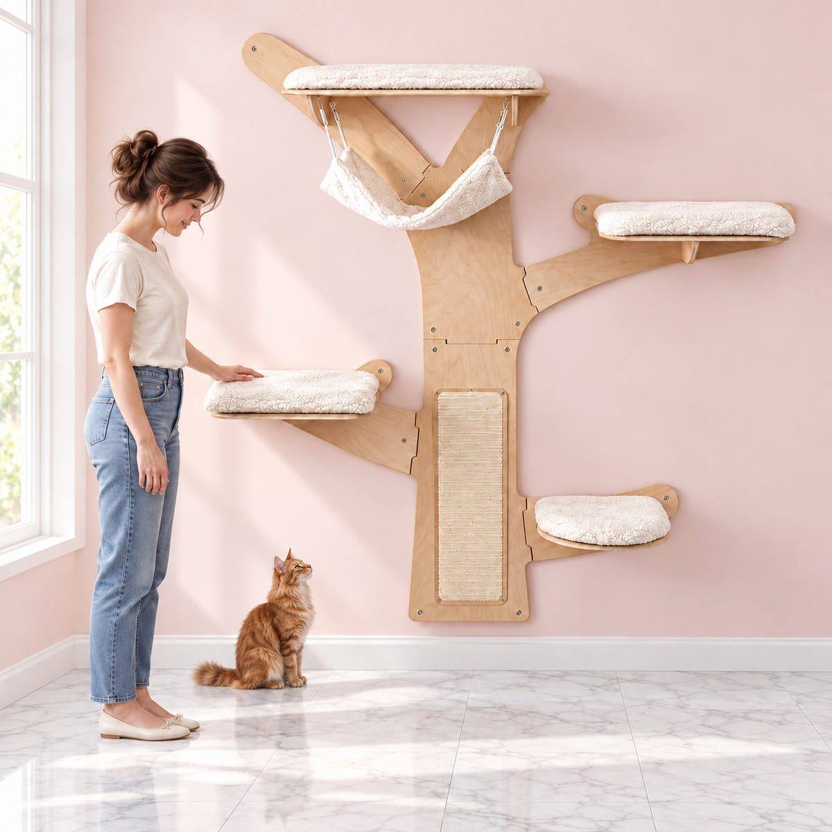 Wall-Mounted Cat Tree 71 Inches | Hammock – The Woodland Ascent with a ginger Maine Coon in a pale pink room