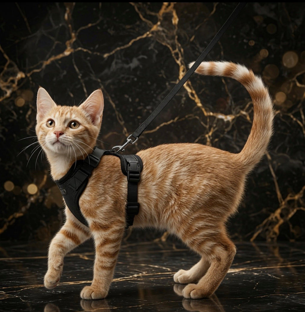 Kitten harness and leash set in black soft mesh with dual buckles