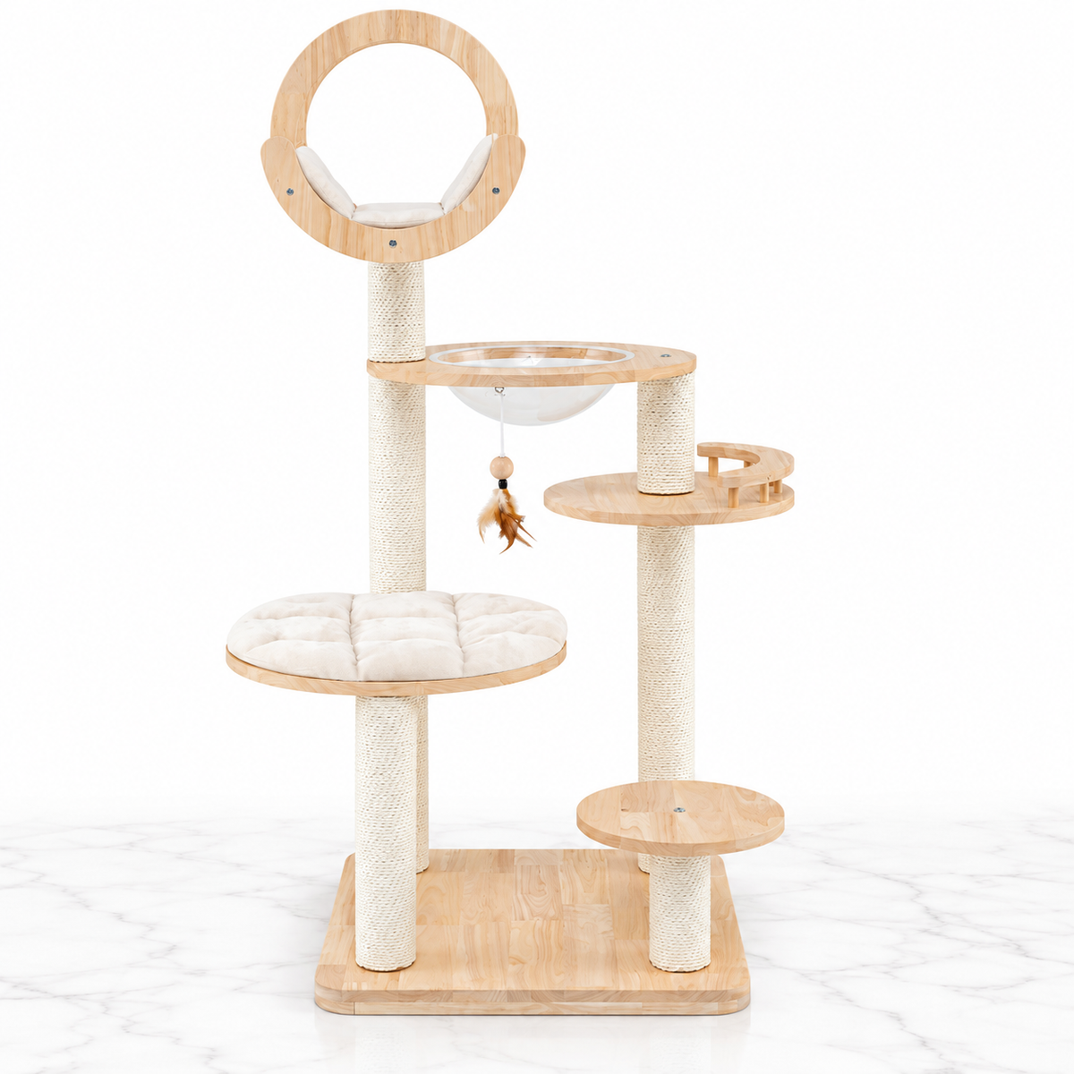 4-in-1 Wooden Cat Tower with Space Capsule, Natural — hero marble