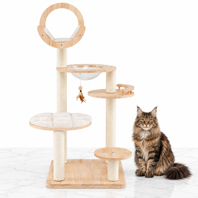 4-in-1 Wooden Cat Tower with Space Capsule, Natural — maine coon brown