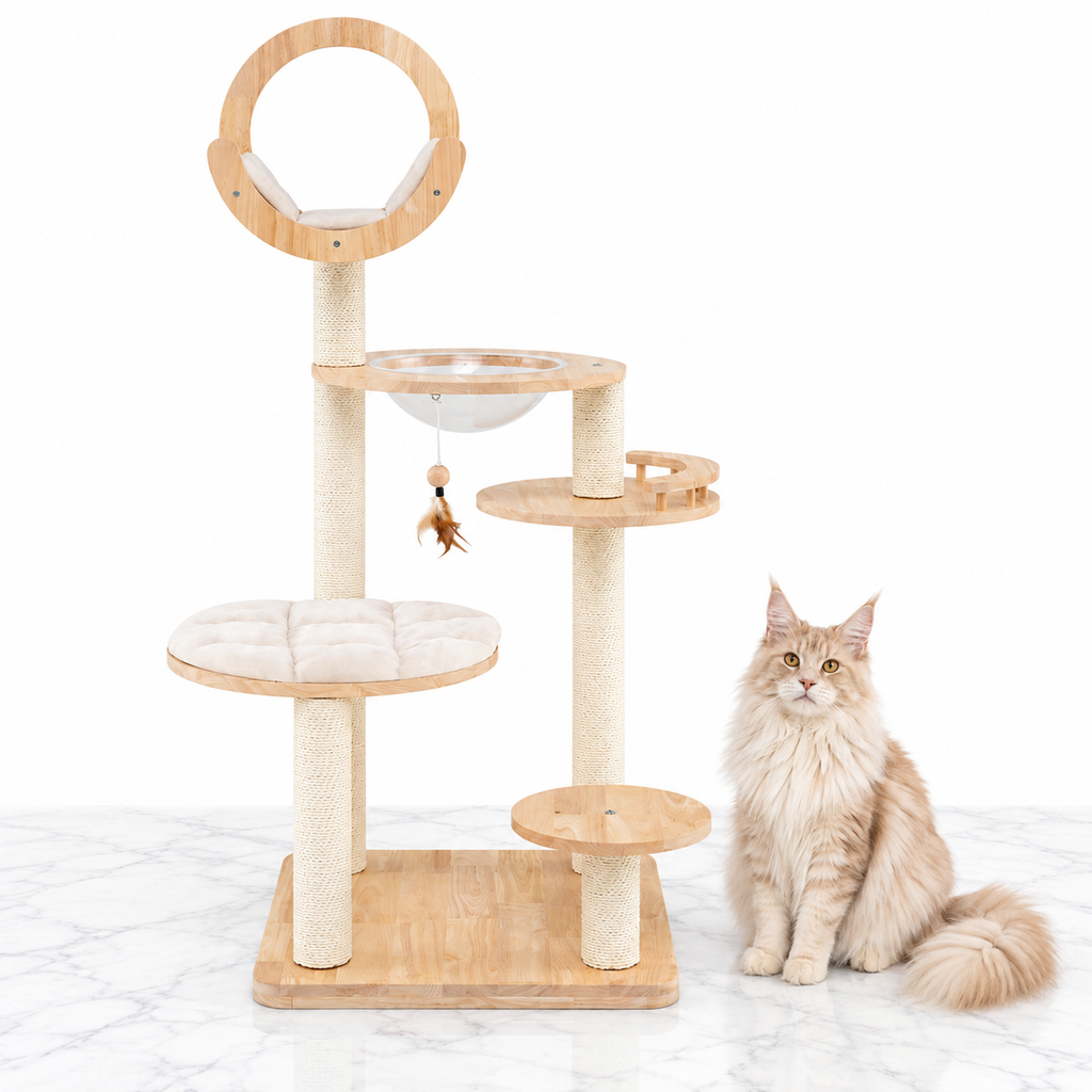 4-in-1 Wooden Cat Tower with Space Capsule, Natural — maine coon cream