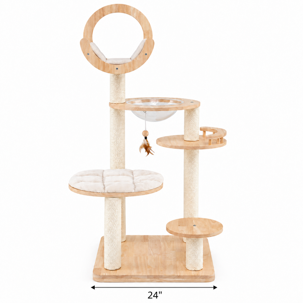 4-in-1 Wooden Cat Tower with Space Capsule, Natural — dimensions inches