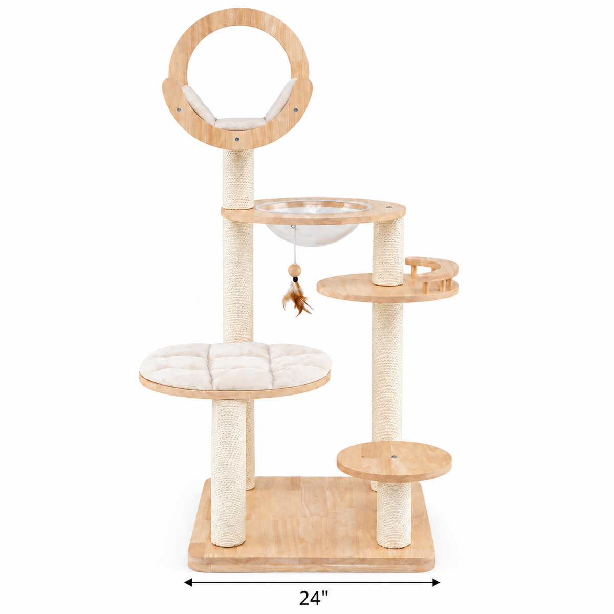 4-in-1 Wooden Cat Tower with Space Capsule, Natural — dimensions inches