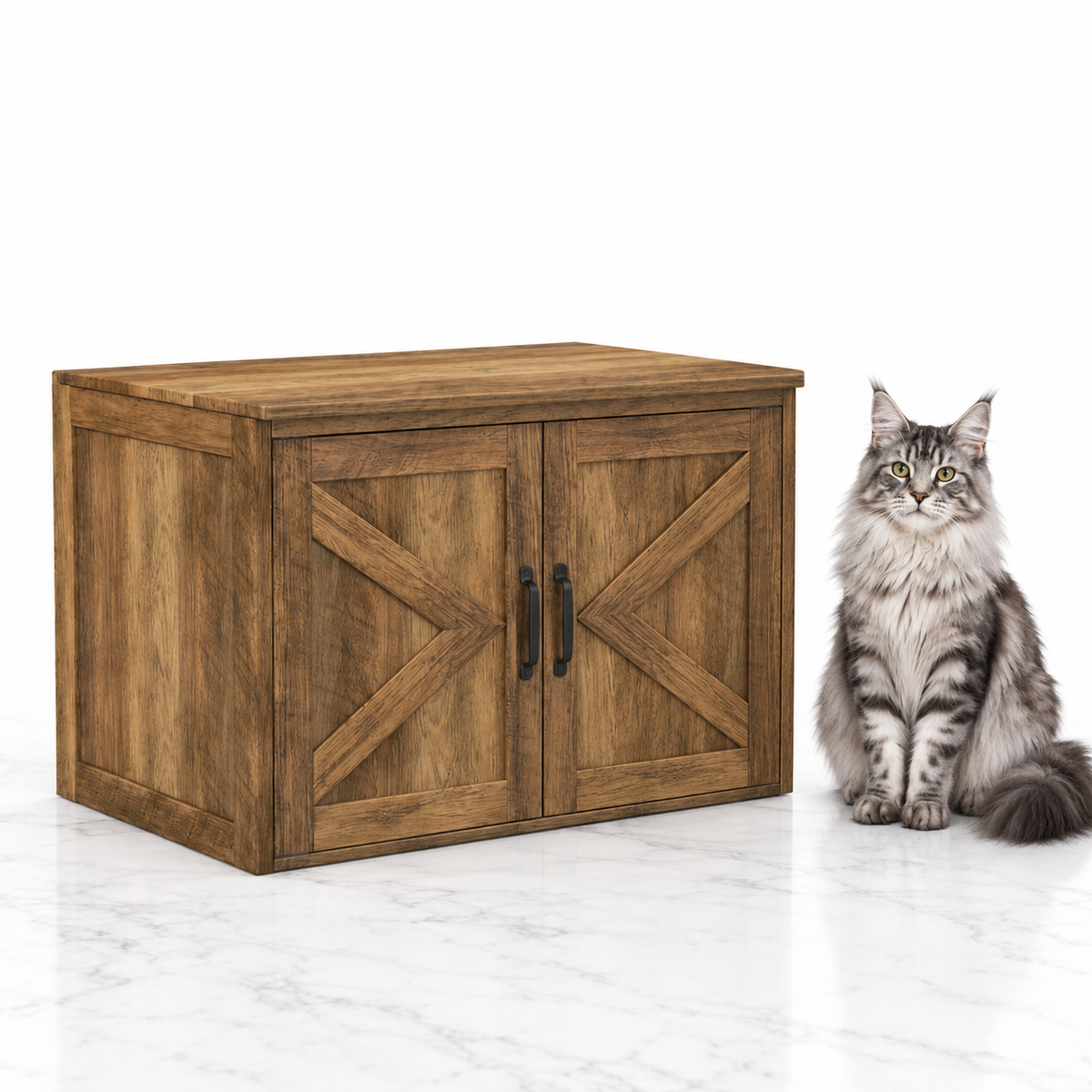 Flip Top Cat Litter Cabinet with Double Barn Doors, Oak — maine coon silver