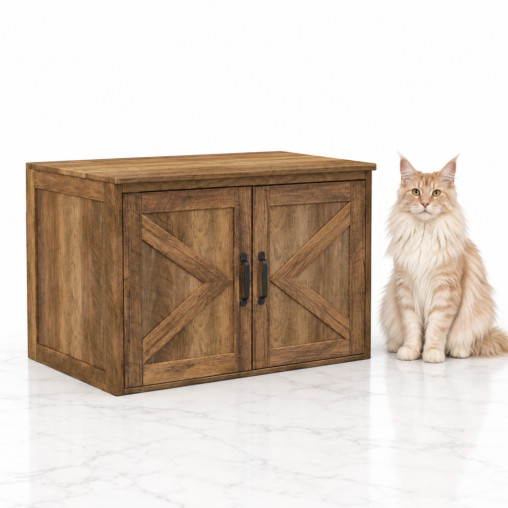Flip Top Cat Litter Cabinet with Double Barn Doors, Oak — maine coon cream