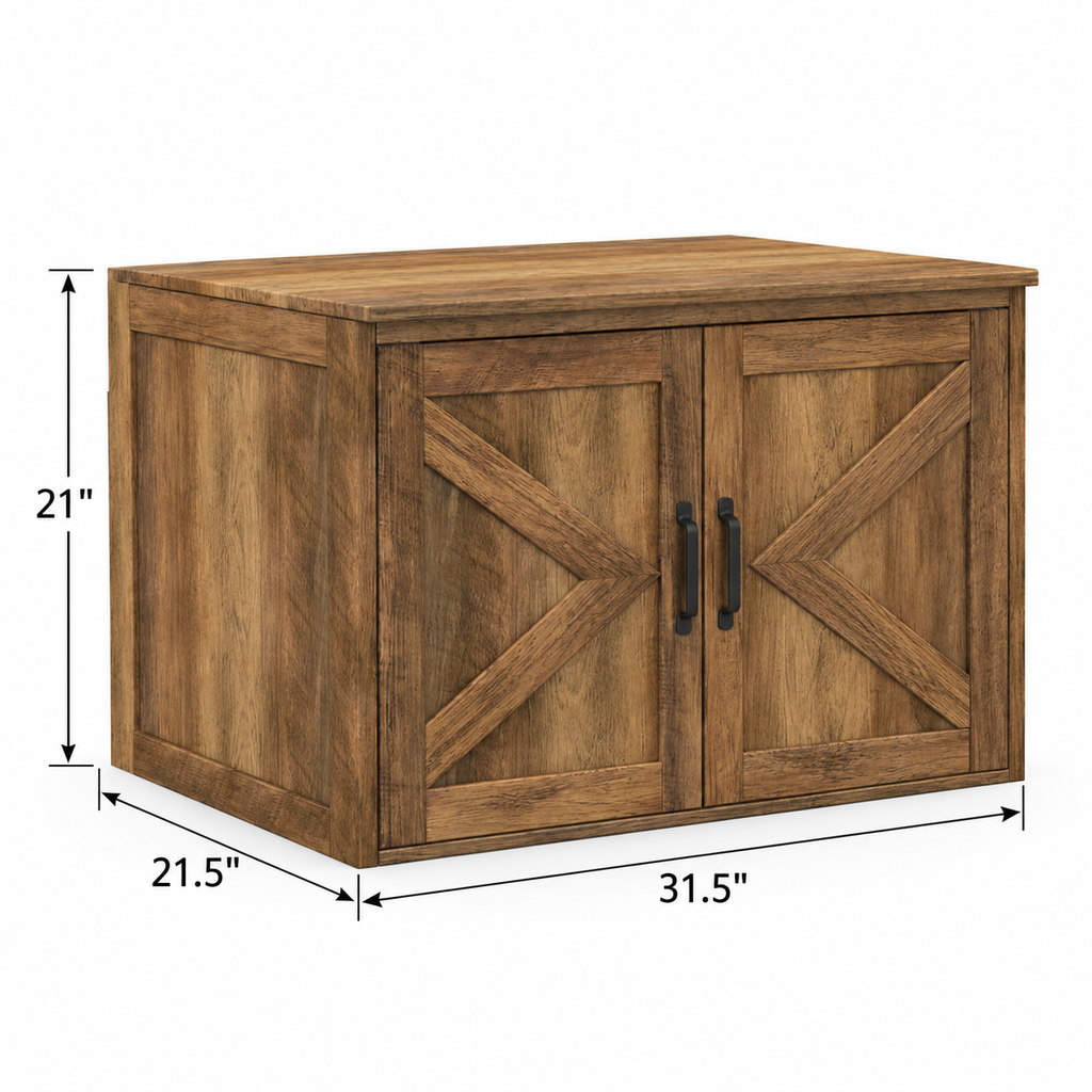 Flip Top Cat Litter Cabinet with Double Barn Doors, Oak — dimensions inches