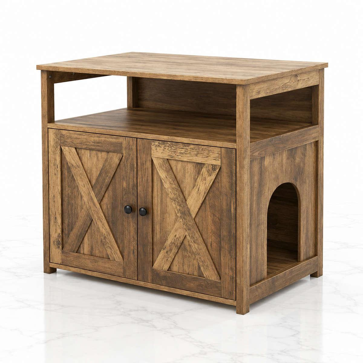 Cat Litter Cabinet with Double Barn Doors and Storage Shelf, Oak — hero marble