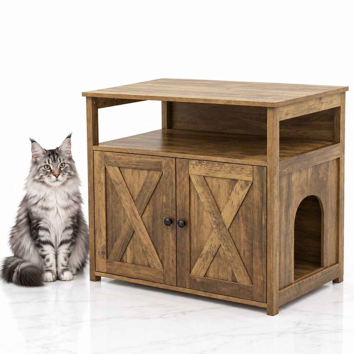 Cat Litter Cabinet with Double Barn Doors and Storage Shelf, Oak — maine coon silver
