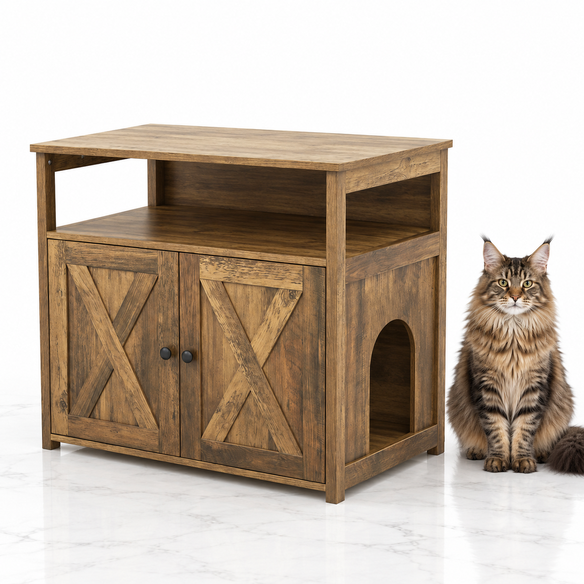 Cat Litter Cabinet with Double Barn Doors and Storage Shelf, Oak — maine coon brown